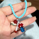 DAIIIBABYYY  -  Trend Cute Ceramic Fish Red Mushroom Pendant Blue Beads Necklace Aesthetic Summer Beach Women Girls Neck Jewelry Decoration