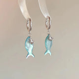 Daiiibabyyy  Y2K Blue Small Fish Pendant Earrings for Women Fashion Sweet Crystal Asymmetric Ear Buckle Seaside Vacation Jewelry Accessories