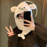 Daiiibabyyy  Simple Fleece Seal Plush Hooded Scarf Cute Solid Color Mask Pullover Hat 3 in 1 Soft Earflap Hat Female/Girls
