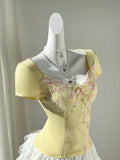 Daiiibabyyy  Yellow Floral Embroidery Ruffle Patchwork Heart Neck Waist Cinched Short Sleeve Top