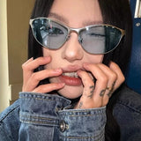 Daiiibabyyy  American Retro Cat Eye Blue Sunglasses for Women Y2k Fashion Spicy Girl Concave Style Street Photography UV Resistant Sunglasses
