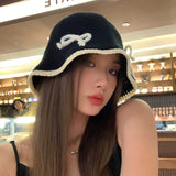 DAIIIBABYY  -  2024 New Thin Knitted Bucket Hats Summer Outdoor Travel Korean Version Fashion Bow Design Versatile Breathable Women's Caps