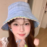 Daiiibabyyy  Women's Cute Hats Blue Bucket Hats Weet Style Lace Sweet Girl Fisherman Hat Summer Sun Protection Hat Trend Korean Version Caps