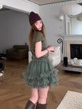 DAIIIBABYYY  -  Korean Chic Summer Retro Niche High Waist Slimming Patchwork Lotus Leaf Edge Mesh Fluffy Cake Half Skirt Women