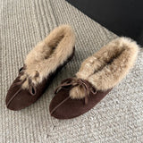 Daiiibabyyy  Retro Brown Satin Low Heel Pumps Women Fashion Bow Decorate Flat Loafers Autumn Winter Warm Fluffy Cotton Shoes Zapatos De Mujer