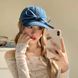 DAIIIBABYYY  -  New Sweet Bow Hot Diamond Love Denim Baseball Caps Unisex Korean Version Niche Ins Popular Casual Versatile Women's Hats