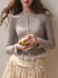 Daiiibabyyy  New French Style Double Layered Lace Hem Round Neck Slim Fit Design Printed Top Women Base Outer T-shirt