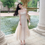 DAIIIBABYYY  -  Women Sleeveless Spaghetti Strap Solid Midi Dress Summer Elegant Slim Gauze Sweet Cute Fairy Korean Dresses