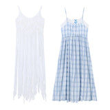 DAIIIBABYYY  -  Two Piece Dress Hollow Out Solid Tassels Fold Through Off Shoulder Dresses Plaid Pleated A-line Blue Skirts Summer Female Outfit