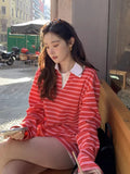 DAIIIBABYYY  -  Korean Women T Shirt 2025 A Niche Contrasting Striped Pullover Spring New American Retro Style Loose Versatile Top