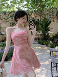 Daiiibabyyy  New Pink Romantic Floral Skirt Summer Slimming Solid Color Fashionable and Fresh Short Skirt Small Slim Strap Dress S6YW