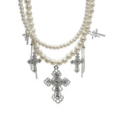 DAIIIBABYYY  -  Double layer pearl tassel necklace personalized diamond cross pendant necklace