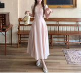Daiiibabyyy  Women's Clothing French Style V-Neck Long Dress Stylish Drawstring Bow Summer Short Sleeve Vintage Elegant A-Line Waist Dresses
