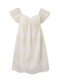 Daiiibabyyy  Summer French Vintage Flower Embroidery Solid V Neck Puff Sleeve Temperament Dresses