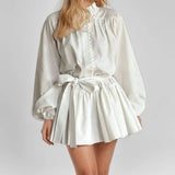 Daiiibabyyy  Fashionable Retro Chinese Style Women's Long Sleeves Dress with Drawstring Waist Printed Lace-Up Short Dress Elegant in Style