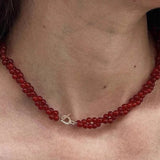 Daiiibabyyy  Handmade Red Color Agate Natural Stone Twist Rope Chain Double Layers Beaded Necklace for Women Silver Toggle Clasp Choker