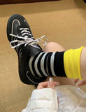 Daiiibabyyy  Women's Socks Japanese Striped Contrasting Dopamine Kawaii Rolled Edge Sports Mid Tube Socks Comfortable Breathable Cotton Socks