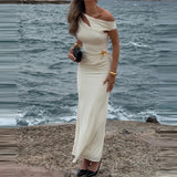 Daiiibabyyy  Elegant Short Sleeve Hollow Long Dress Women Sexy Draped Slim Solid Gown Fashion Hight Waist Slant Shoulder Bodycon Dress