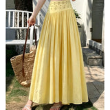 Daiiibabyyy  Women Bohemian Vacation Skirt High Waisted Solid Pleated Summer Skirt A Line Beach Vintage Yellow Casual Preppy Style Skirt