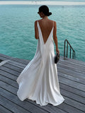 Daiiibabyyy  Women's Elegant Satin V Neck Long Dress Sleeveless Backless High Fork Robes Vacation Beach Maxi Vestidos New Lady Dresses