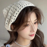 Daiiibabyyy  French Hollow Triangle Headband Towel For Women Beige Crochet Headbands Bandana Summer Travel Literary Photo Hair Scarf Bands
