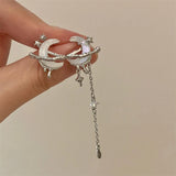Daiiibabyyy  Asymmetric White Moonstone Earrings for Women Rhinestone Tassel Chain Y2K Jewelry Party Simple Star Moon Chinese Jewelry Gifts