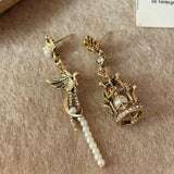 Daiiibabyyy  Retro Art Design Bird In Cage Pearl Tassel Asymmetric Earrings Women's Personalized Charm Jewelry Creative Gifts