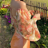 Daiiibabyyy Off Shoulder Floral Chiffon Shirt 2024 Summer French Design Sense Niche Bubble Long Sleeve Top Elegantes Women Evening Dresses