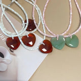 Daiiibabyyy  Minar Wholesale White Opal Natural Stone Red Resin Love Heart Pendant Necklaces for Women Silver Plated Chain Strand Chokers