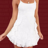 Daiiibabyyy  Charmingly Graceful White Spaghetti Strap Fit - and - Flare Dress: Intricate and Dainty Floral Design