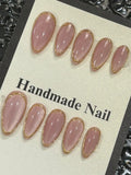 Daiiibabyyy  10 pieces of pure handmade almond-shaped purple glitter cat eye nails with golden circle outlines, simple, fashionable and