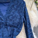 DAIIIBABYYY  -  Elegant Long Flare Sleeves Vintage V-neck Chic Rhinestone Lace Slim A-line Dresses Sexy Party High Street Autumn Winter Clothing