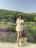 Daiiibabyyy  Ruffled One-length Necklace Spliced A-line Dress with Pleated Waist Design Sweet