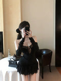 Daiiibabyyy  Hot Girls Short Party Dress Women Summer New Strapless Sheath Club Dress with Sleeves Hollow Out Lace Trim Mini Black Dresses