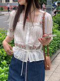 DAIIIBABYYY  -  Korean Chic Summer French Ethnic Embroidery Flower Pleat Drawstring Waist Cinching Slim Versatile Short Sleeved Shirt