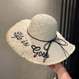Daiiibabyyy  Straw Hat Women's Embroidered Letters Oversized Brim Straw Hat Female Summer Outdoor Show Face Small Beach Sunscreen Sun Hat