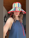 Daiiibabyyy  Plaid Print Ruffle Wide Brim Bucket Hat Foldable Sun Protection Loose Fit Summer Women Straw Hat Casual Chic Lady Sombrero