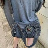 Daiiibabyyy  Y2Kwomen Large Capacity Single Shoulder Crossbody Bag Retro Motorcycle Street Trend Sweet Cool Style Mixed With Rivet Decoration