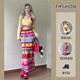 DAIIIBABYYY  -  Set of Women's Autumn Korean Style Short Sleeved Knitted Sweater Top with High Waist Design, Half Skirt Two-piece Set