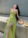 DAIIIBABYYY  -  New Summer Long Strapless Holiday Dress Women Fashion Sexy Hollow Sexy Split Green Dress Seaside Resort Vacation Beach Dress