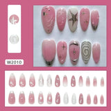 Daiiibabyyy  24pcs Long Almond False Nails Starry Golden Ripple French White Edge Press on Nails Detachable Aurora Strawberry Nail Tips