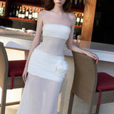 DAIIIBABYYY  -  Summer Holiday Fashion Strapless White Long Dress Women Sexy Hot Sheer Transparent Mesh Dress Robe Vacation Seaside Fairy Dress