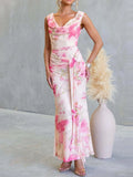 Daiiibabyyy  Sexy V-neck Backless Tie-up Bohemian Long Dress Women Elegant Sleeveless Waist Gowns Fashion Floral Printed Vacation Party Dress