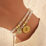 DAIIIBABYYY  -  Handmade Double Strand Crystal Bracelet with Gold Plated Coins Elegant Women Accessories