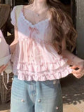 Daiiibabyyy  Sweet Temperament Flower Print V Neck Puff Sleeve Bow Ruffles Bandage Women Blouse