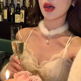 Daiiibabyyy  Fluffy Double-layer Rhinestone Snowflake Tassel Choker Christmas Sweet Sexy Clavicle Chain for Women Party Jewelry