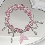 Daiiibabyyy  Korean Pink Crystal Fish Tail Pendant Bracelet For Women Elegant Handmade Beaded Tassel Chain Bracelets Jewelry Gifts
