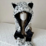 Daiiibabyyy  Fashion Animal Shape Scarf Hat Leopard Print Faux Fur Winter Warm Shawls Hooded Caps Fluffy Plush outdoor warm Ski Hat Gorras