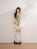 Daiiibabyyy  Vintage Japanese Square Collar Short Sleeve Solid Lace Patchwork Bow Women Blouse