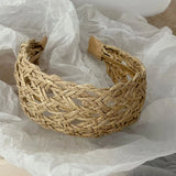 Daiiibabyyy  1PC Beach Vacation Hollow Straw Headband, Wide Side Face Slimming Hair Hoop, Fashion Women Elegant Daily Travel Hair Accessories